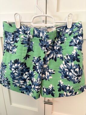 J. Crew Green Floral High Waisted Shorts with Blue & White Blooms